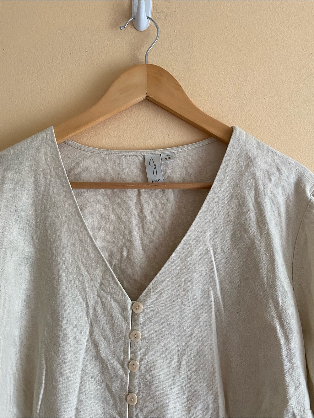Joie Linen Blend Tie Front Blouse Woman 1X Beige Button Front Boho Top Softgirl - Picture 5 of 14